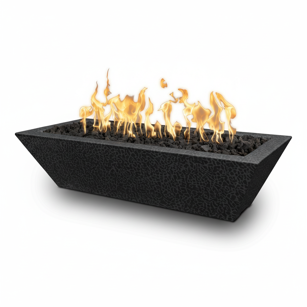 A rectangular black fire pit with a textured finish, filled with dark stones and glowing orange and yellow flames, shown on a white background.