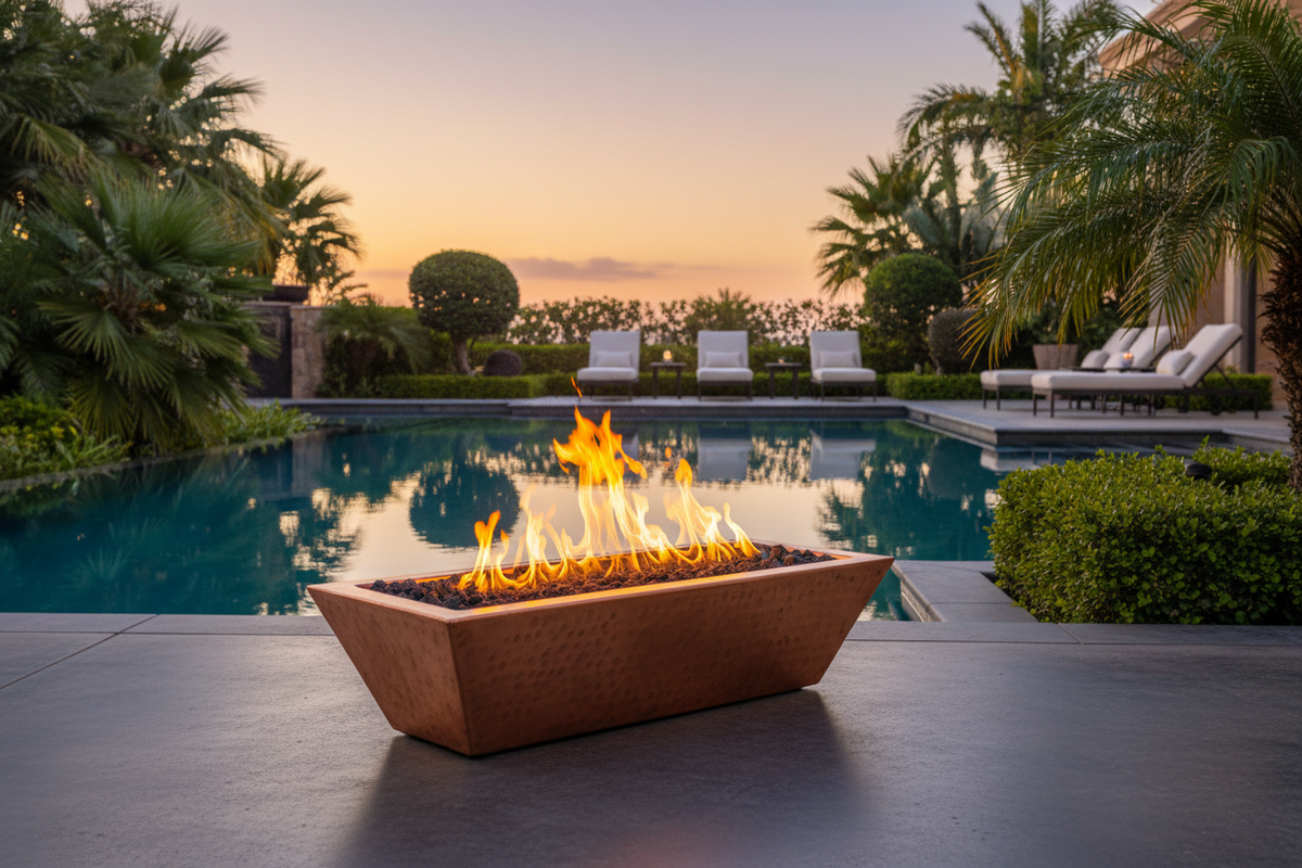 A rectangular copper-toned outdoor fire pit with active orange and yellow flames, placed on a stone patio beside a swimming pool at sunset, with palm trees and lounge chairs in the background.