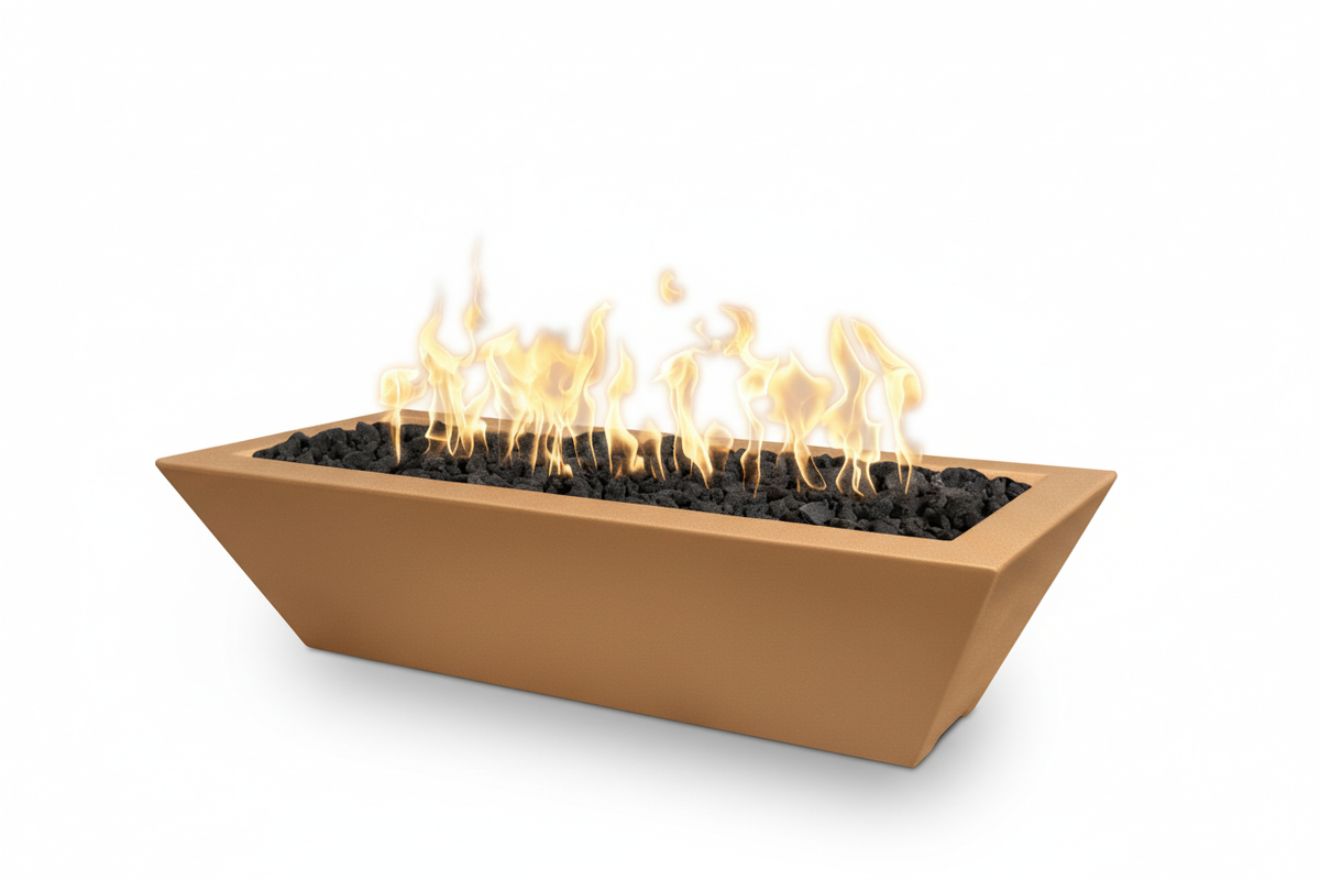 A rectangular outdoor fire pit with a warm terracotta finish, filled with black stones and active yellow-orange flames, shown on a clean white background.