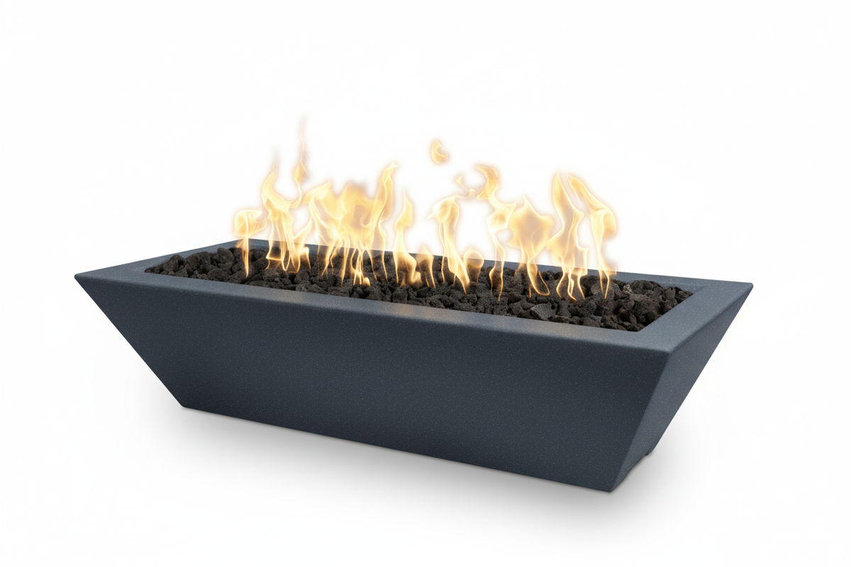 A rectangular outdoor fire pit with a dark charcoal gray metal frame, black decorative stones, and active orange and yellow flames, shown on a solid white background.