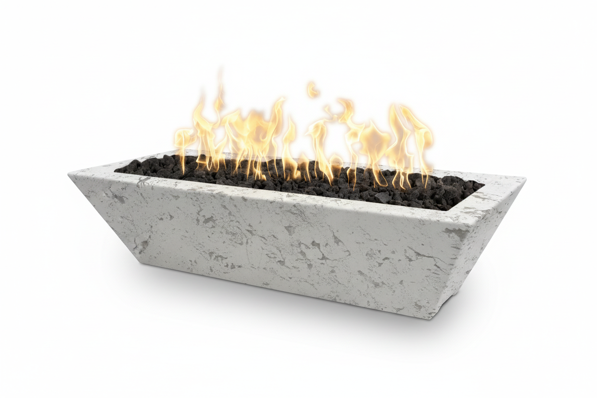 A rectangular concrete fire pit with a textured light gray finish, filled with black lava rocks and active orange and yellow flames, shown on a solid white background.
