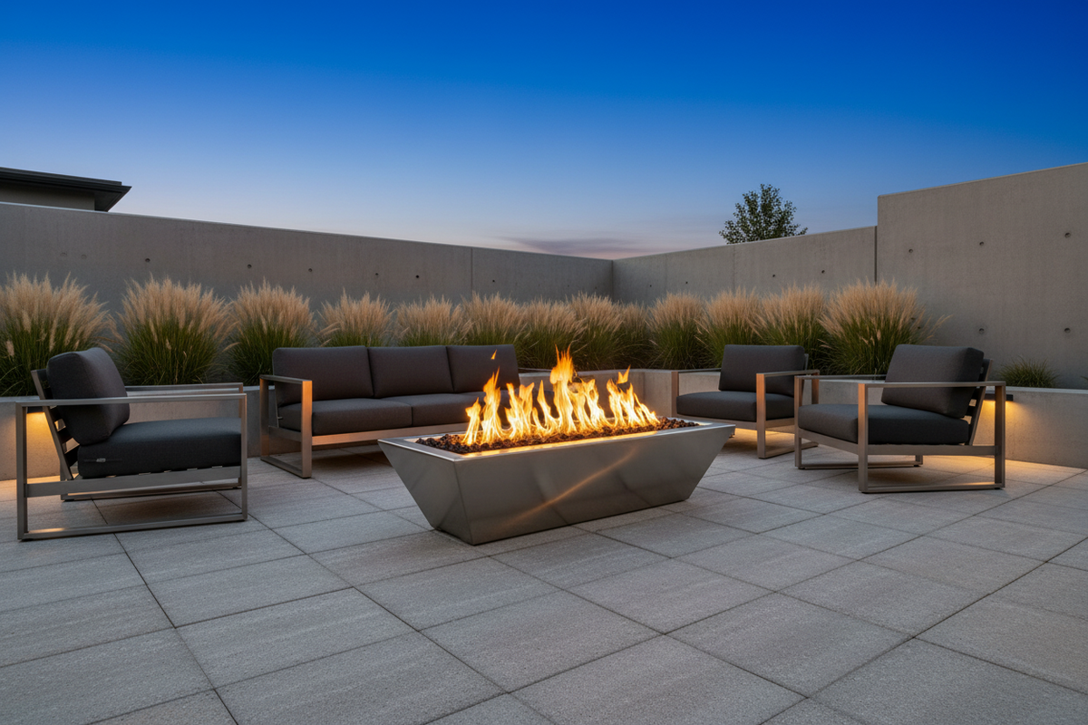 Modern outdoor patio furniture set with a rectangular metal fire pit table in the center, surrounded by two black armchairs and a black sofa, set on a tiled patio at dusk.