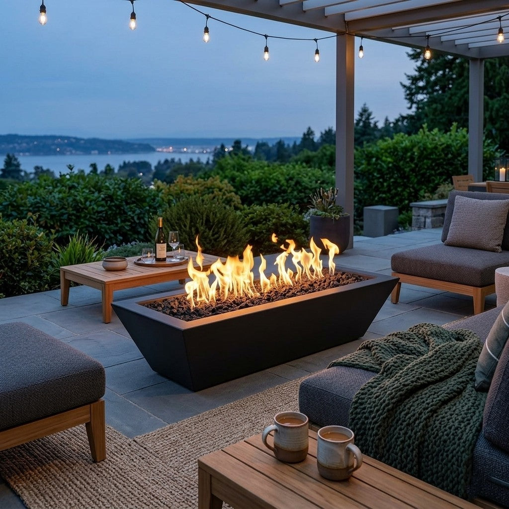Outdoor patio fire pit table with a black rectangular metal body and active orange-yellow flames, surrounded by patio furniture, string lights, and a scenic waterfront view at dusk.