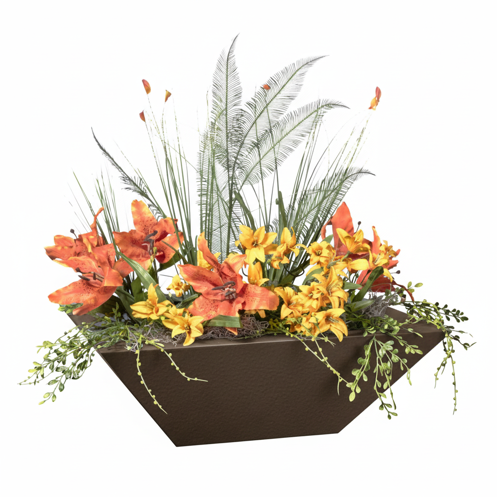 A modern geometric brown planter filled with a lush arrangement of artificial orange and yellow flowers, green foliage, and a palm frond, isolated on a white background.