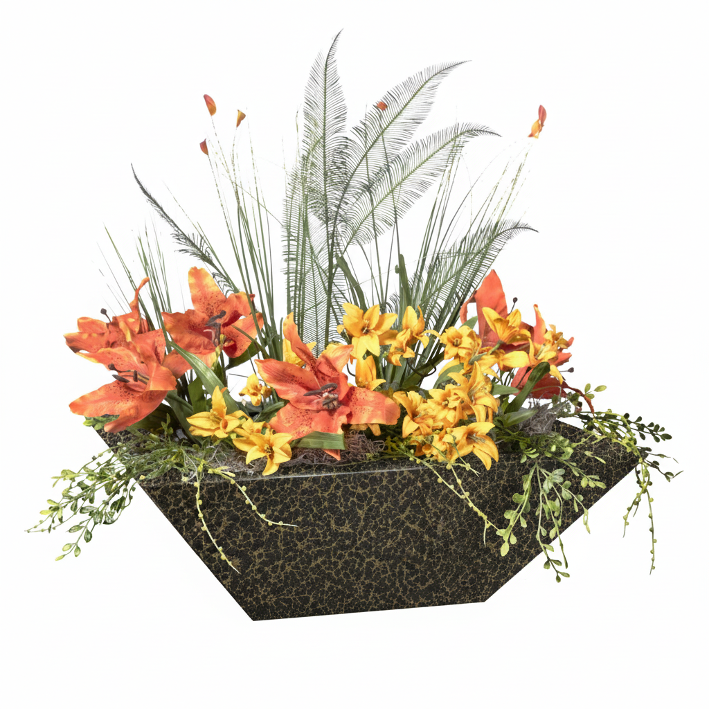 A modern geometric black planter filled with a vibrant artificial floral arrangement featuring orange lilies, yellow flowers, green foliage, and tall palm-leafy stems, isolated on a white background.
