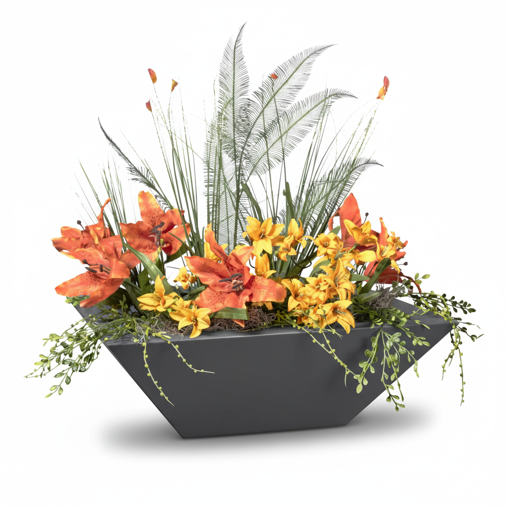 A modern dark gray geometric planter filled with a dense arrangement of orange and yellow lilies, green foliage, and tall feathery fronds, shown on a clean white background.