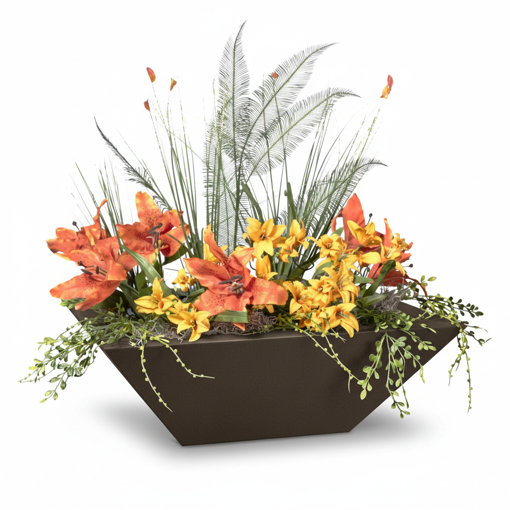 A modern geometric dark brown planter filled with a vibrant artificial floral arrangement featuring orange and yellow lilies, green and silver foliage, and trailing vines, set against a plain white background.