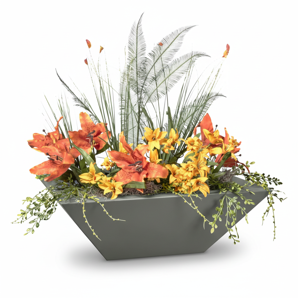 A modern gray geometric planter filled with a dense arrangement of artificial foliage and flowers, including orange lilies, yellow flowers, and green palm-leaf stems, shown on a white background.