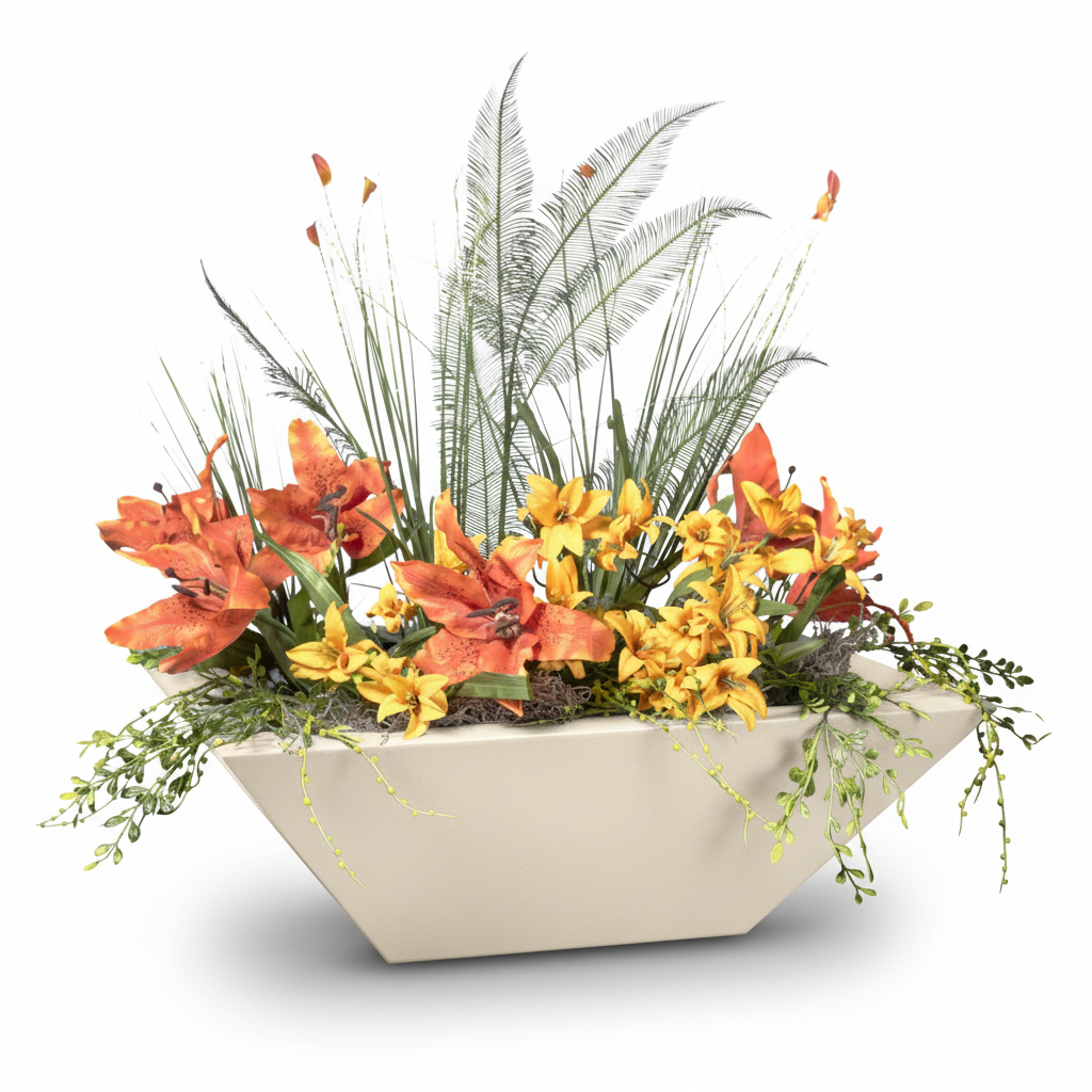 An artificial floral arrangement in a modern, angular cream-colored planter. The arrangement features prominent orange lilies, yellow flowers, green and silver-leafed foliage, and trailing green vines, set against a clean white background.