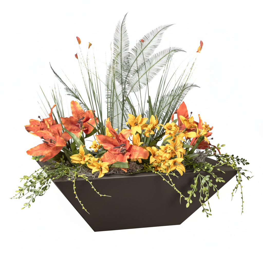 A modern geometric black planter filled with a vibrant artificial floral arrangement featuring orange lilies, yellow flowers, green foliage, and tall palm-leafy stems, isolated on a white background.