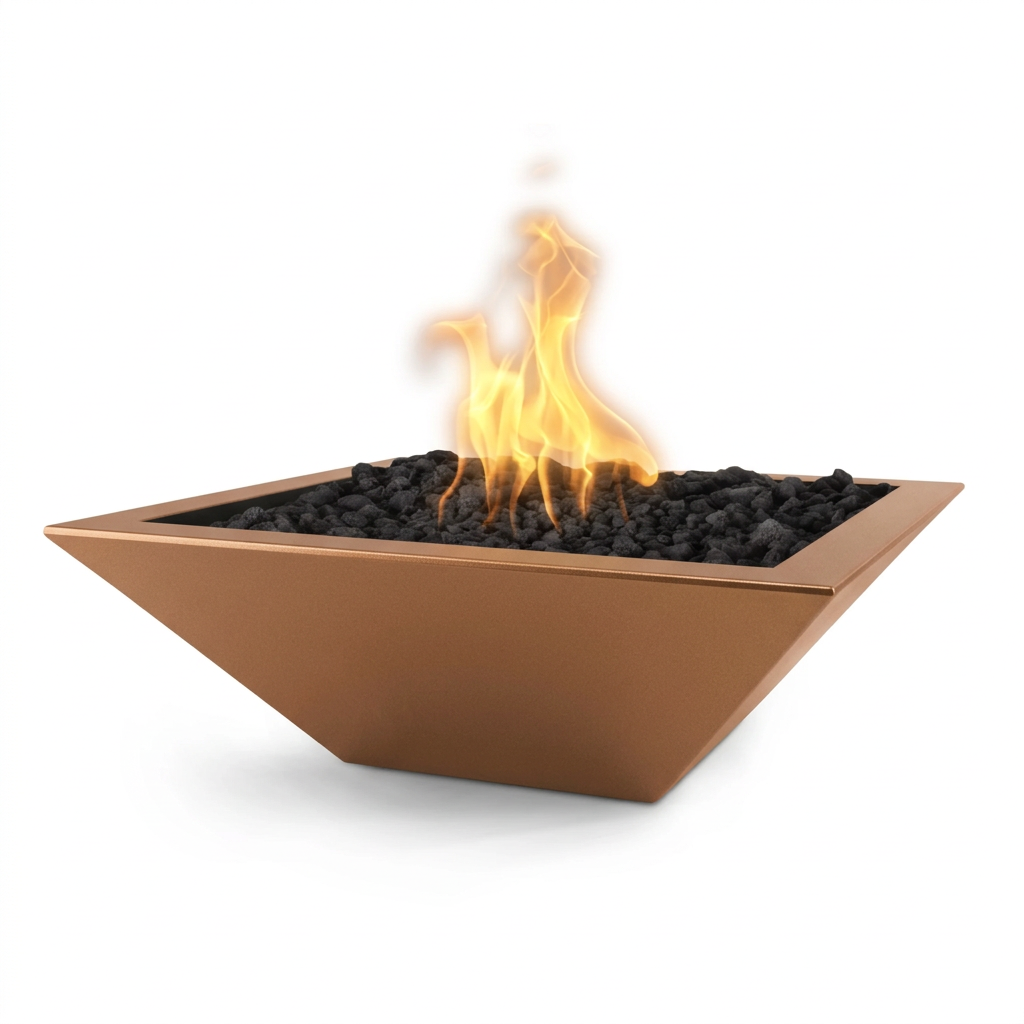 Maya square GFRC fire bowl in Metallic Copper