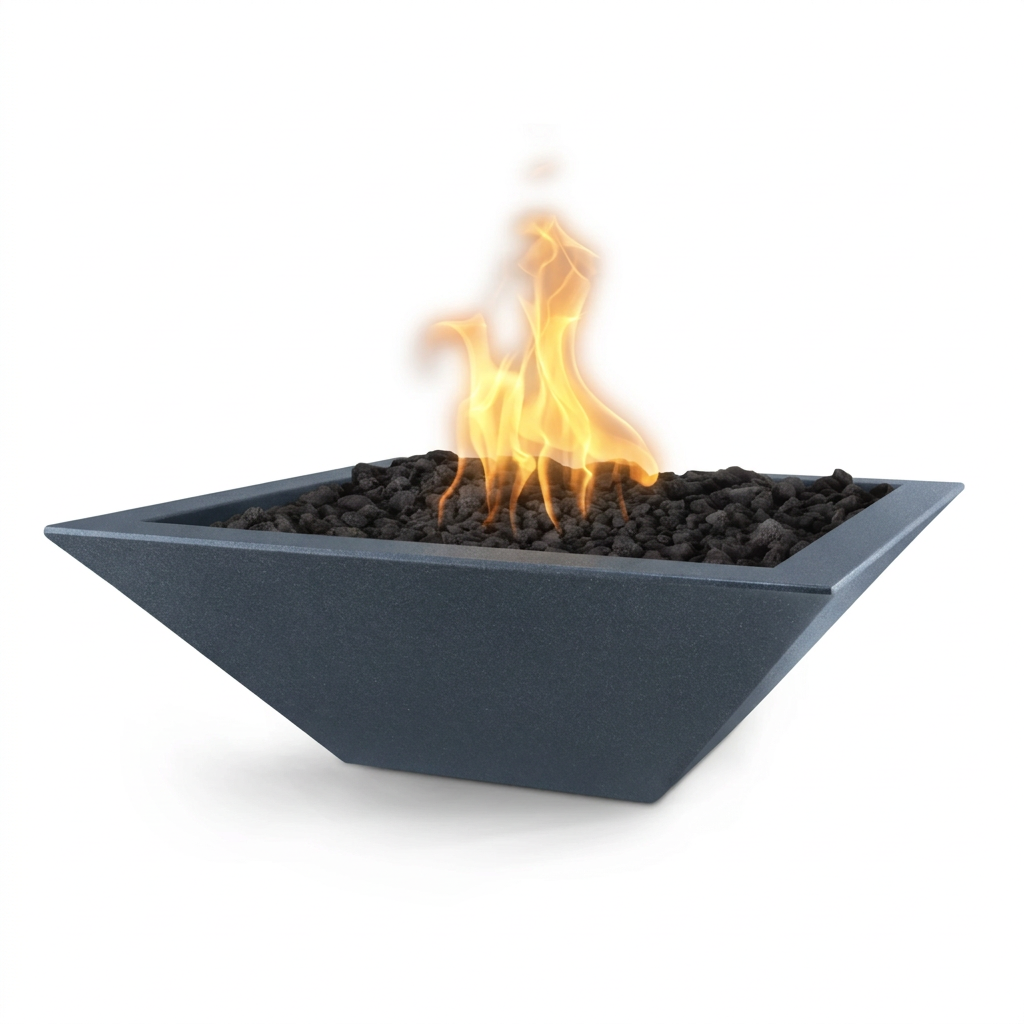 Maya square GFRC fire bowl in Metallic Slate
