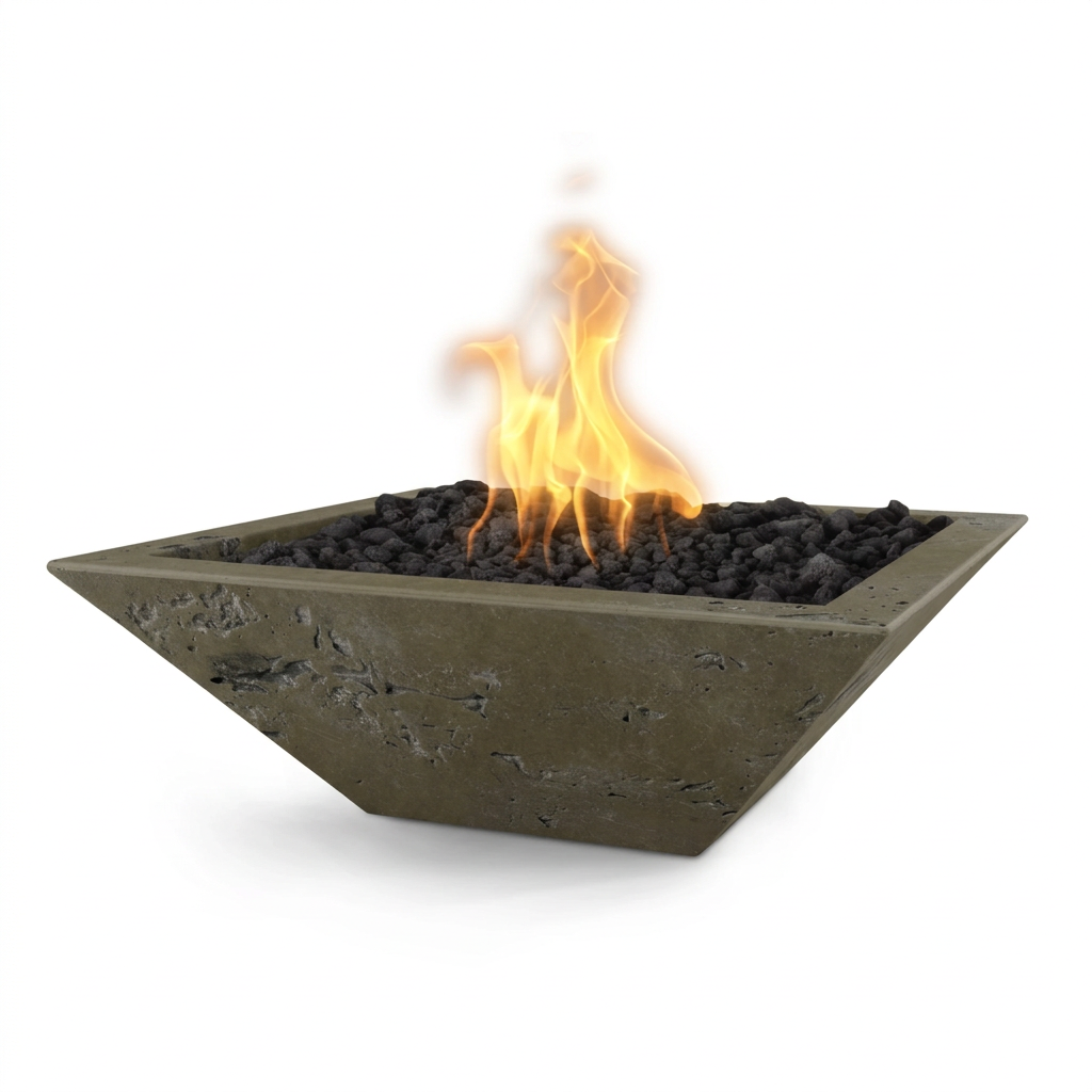 Maya square GFRC fire bowl in Rustic Moss Stone