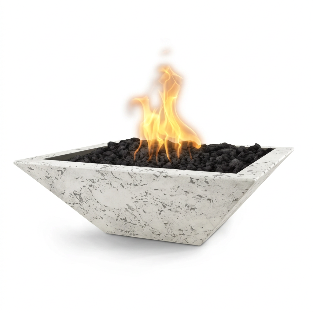 Maya square GFRC fire bowl in Rustic White