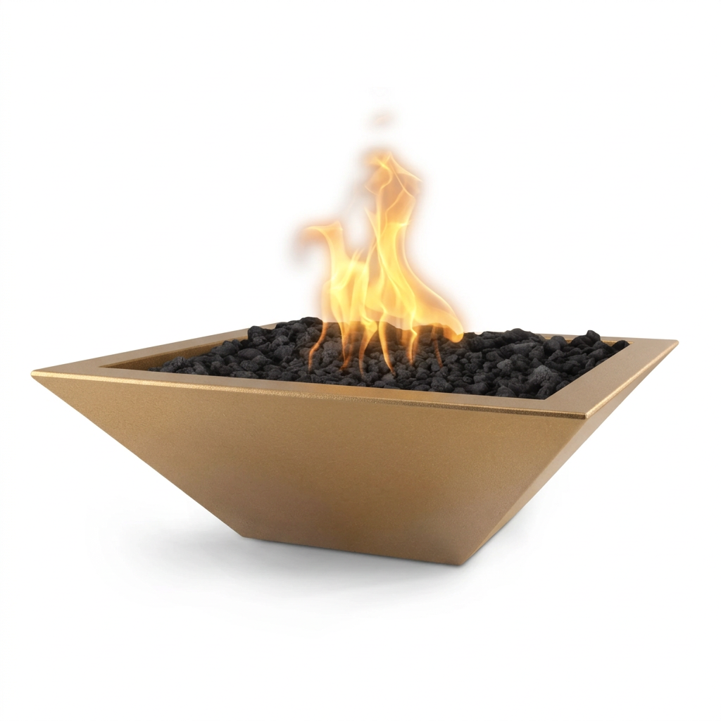 Maya square GFRC fire bowl recolored in Bronze Metallic