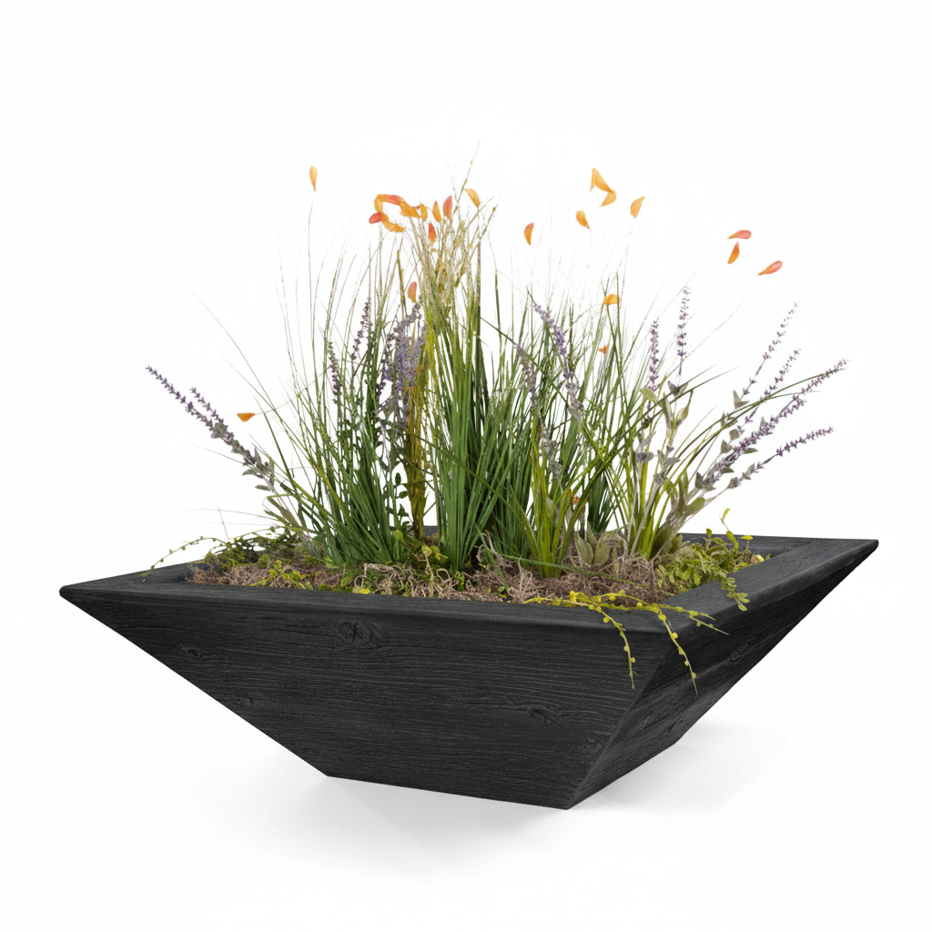 A modern black geometric planter box filled with green ornamental grasses, purple lavender, and small orange flowers, shown on a clean white background.
