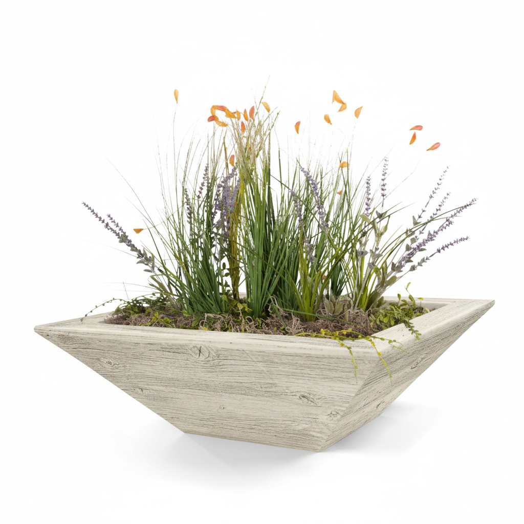 A modern geometric concrete planter with a weathered light gray wood-grain finish, filled with green ornamental grasses, purple lavender, and small orange flowers, shown on a white background.