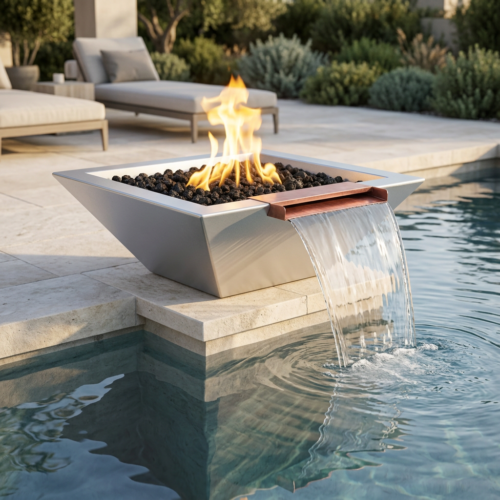 Metallic silver fire and water bowl in a luxury poolside setting