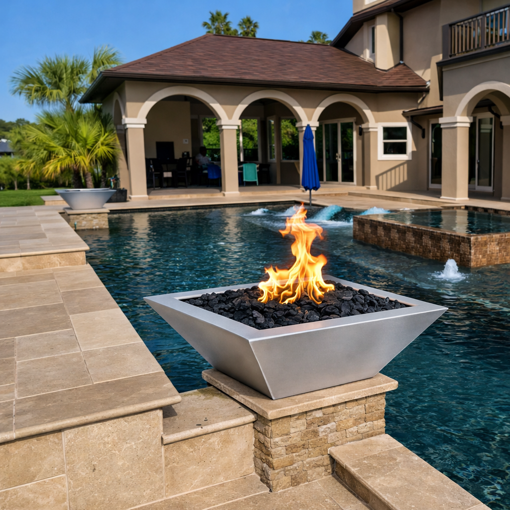 The Outdoor Plus Maya GFRC Concrete Square Fire Bowl - Metallic Silver