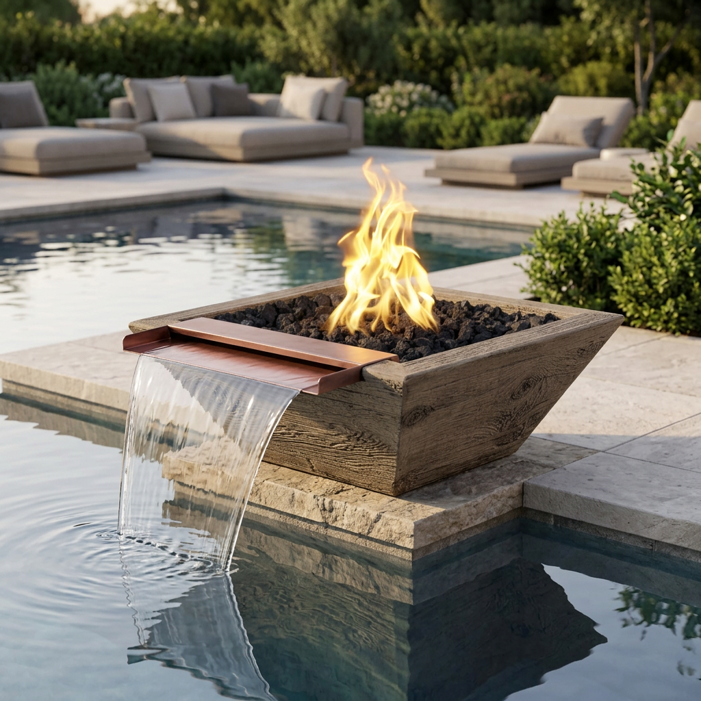 Oak Maya Wide Spill Fire & Water Bowl in a poolside lifestyle scene