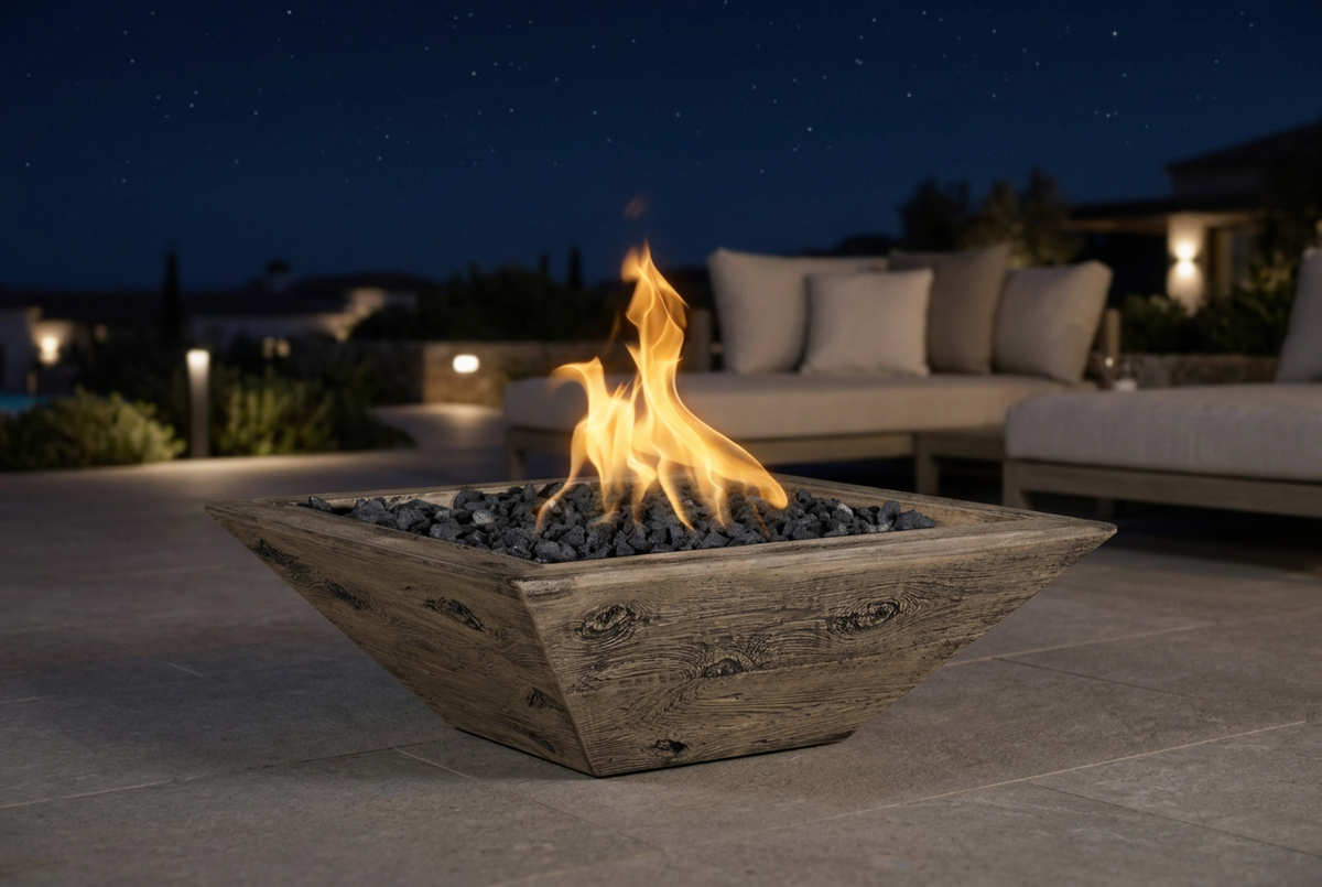 Oak Maya Wood Grain Fire Bowl on an open terrace under a starry night sky