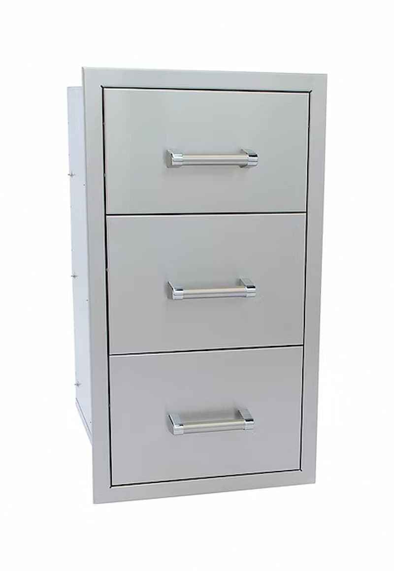 A three-drawer metal filing cabinet with a light gray finish and silver chrome handles, shown from a three-quarter angle on a white background.