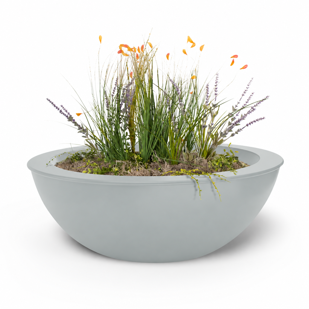 Powder-coated Sedona planter bowl in Mist