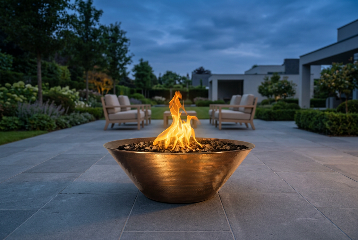 Remi Hammered Copper Fire Bowl on a stone patio at twilight