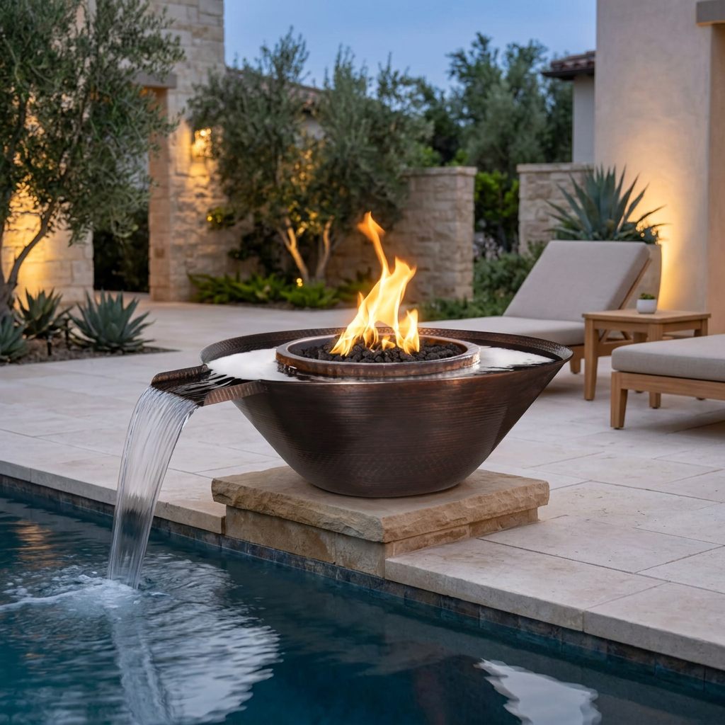 Remi hammered copper gravity spill bowl in a poolside lifestyle scene