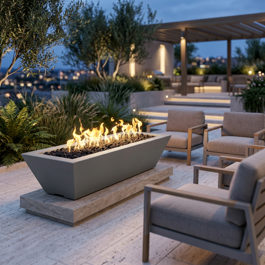 Rock Gray Maya linear fire bowl in a contemporary terrace at dusk