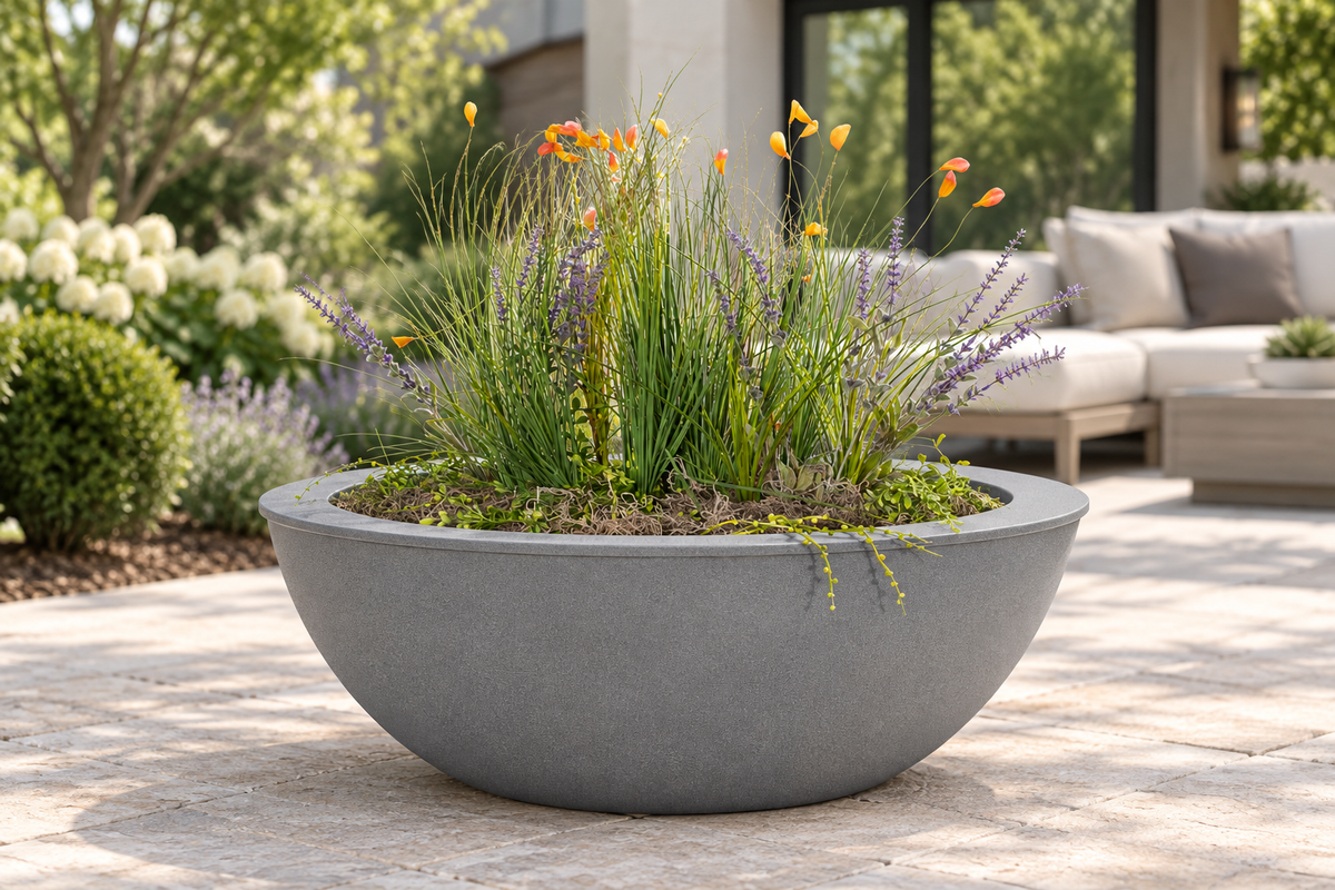 Rock Gray Sedona planter bowl in a patio lifestyle setting