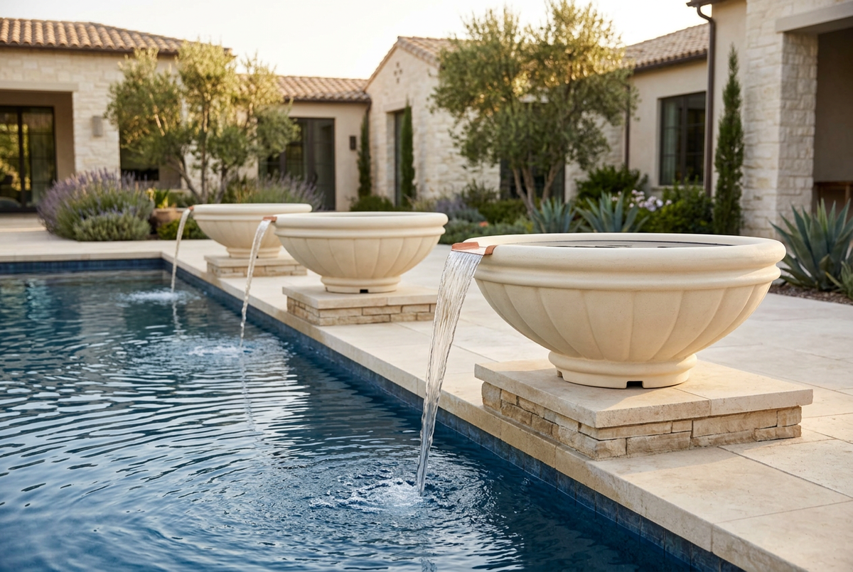 Row of limestone-finish Roma water bowls flowing into a pool
