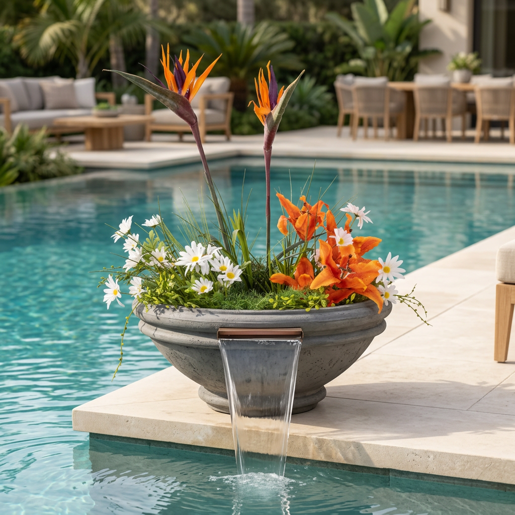 Rustic Grey Roma planter and water bowl in a poolside lifestyle setting