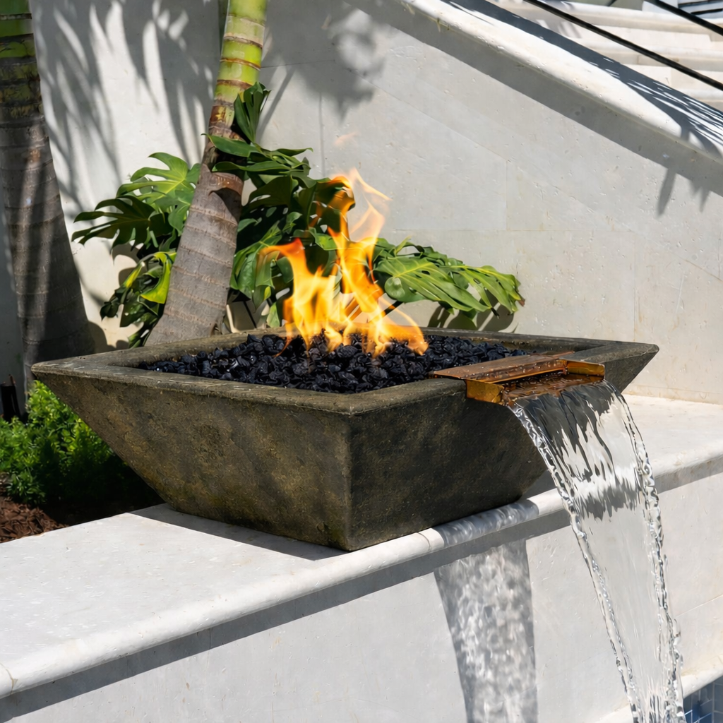 The Outdoor Plus - Maya GFRC Fire & Water Bowl - Rustic Moss Stone