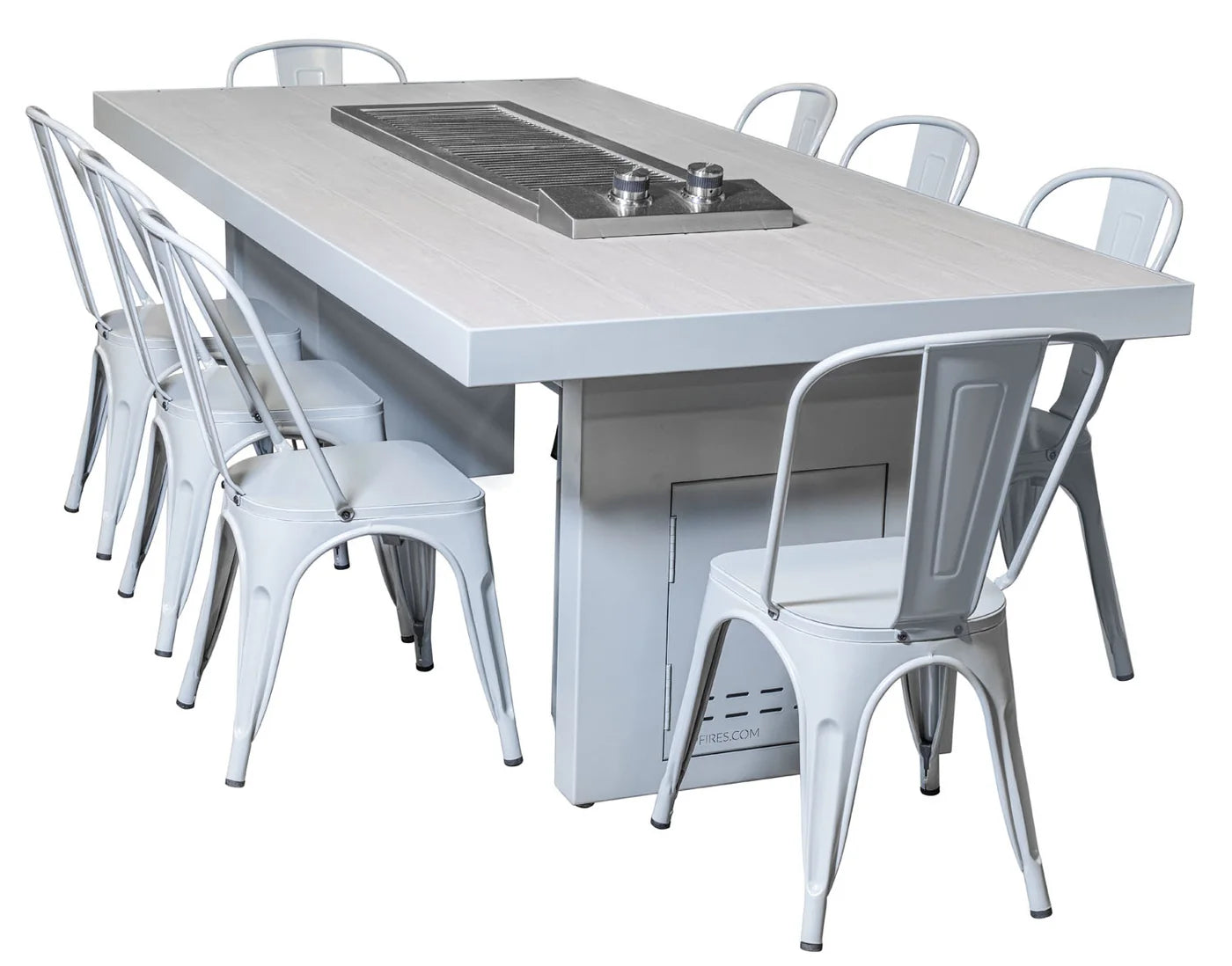 Santa Barbara Cooking Table by The Outdoor Plus with built-in Anza grill insert, powder coat finish, and six matching metal chairs on white background

