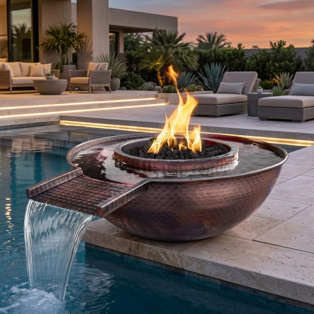 Sedona hammered copper gravity spill fire and water bowl in a poolside lifestyle setting
