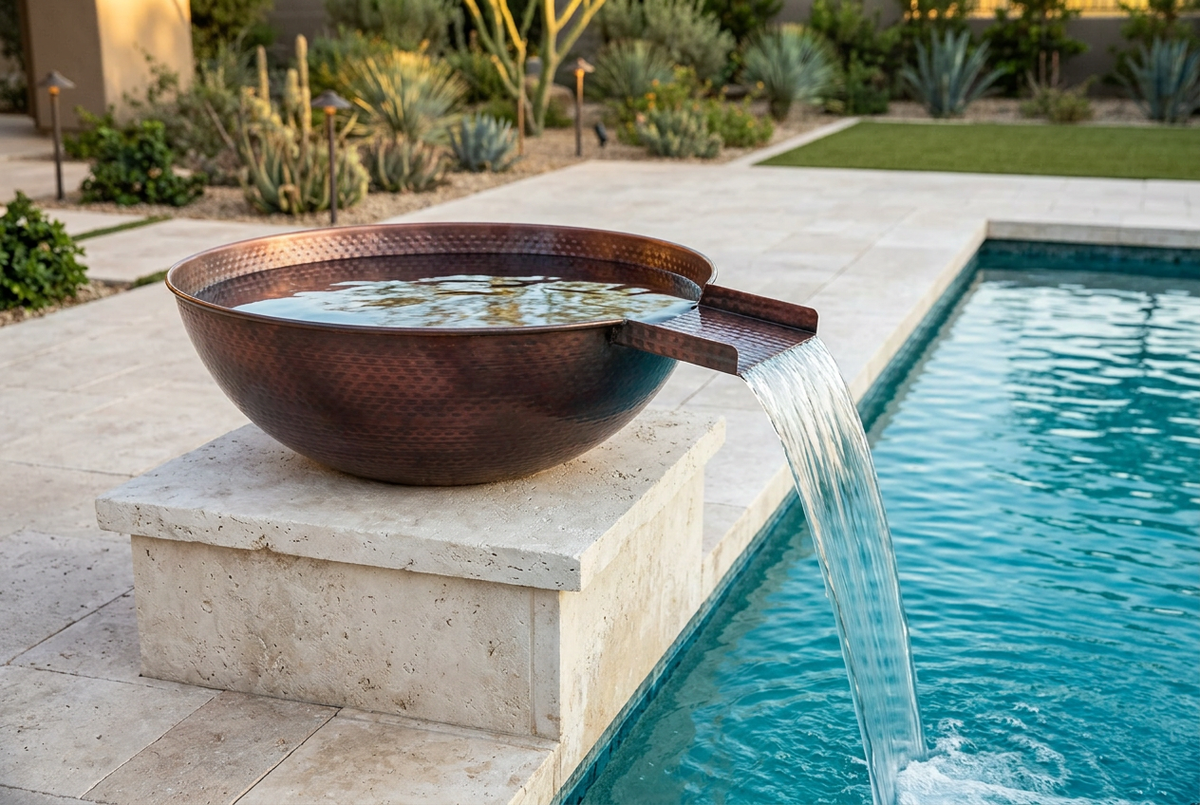Sedona Hammered Copper Water Bowl at a pool edge with its scupper facing sideways and water spilling into the pool