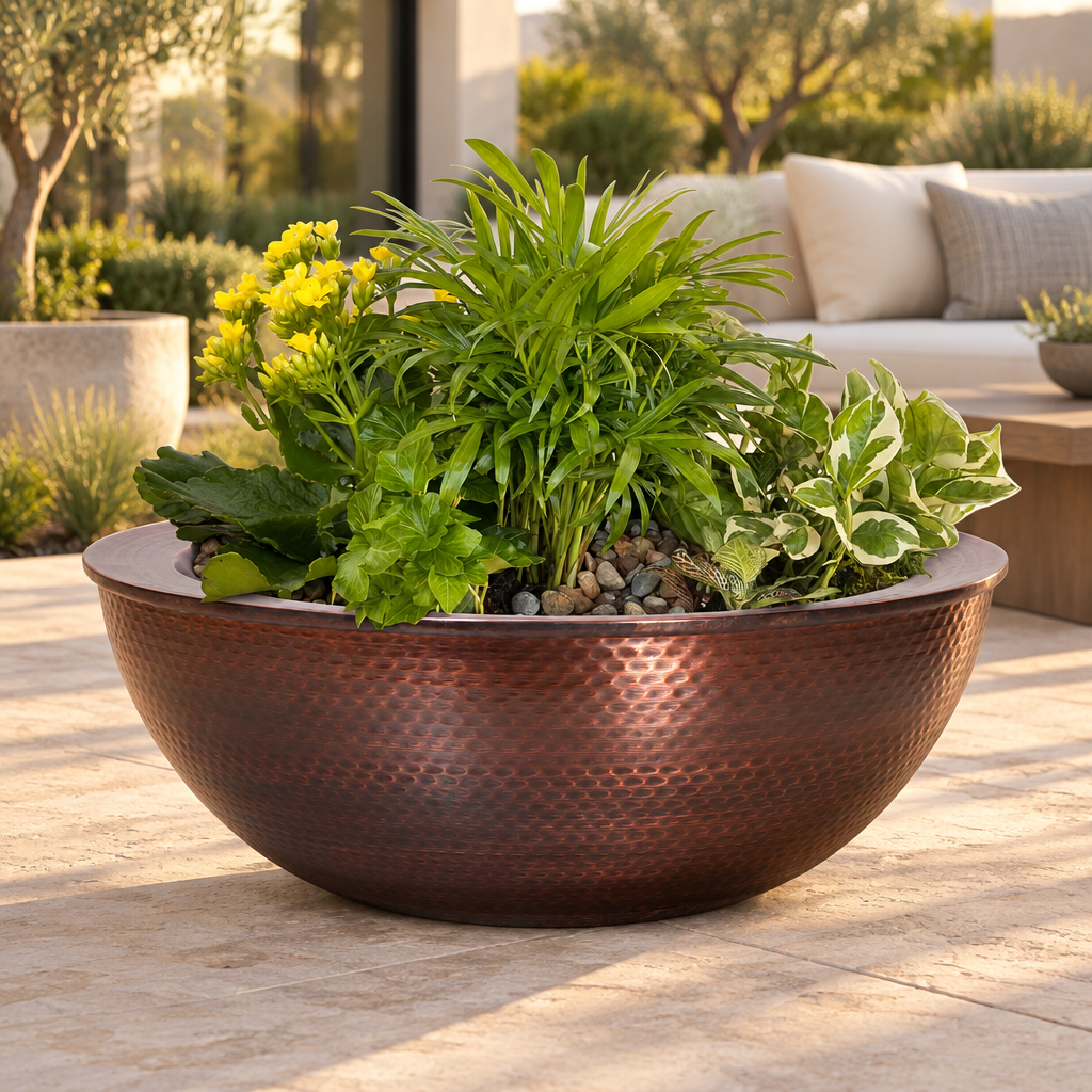 Sedona hammered patina copper planter in a patio lifestyle setting