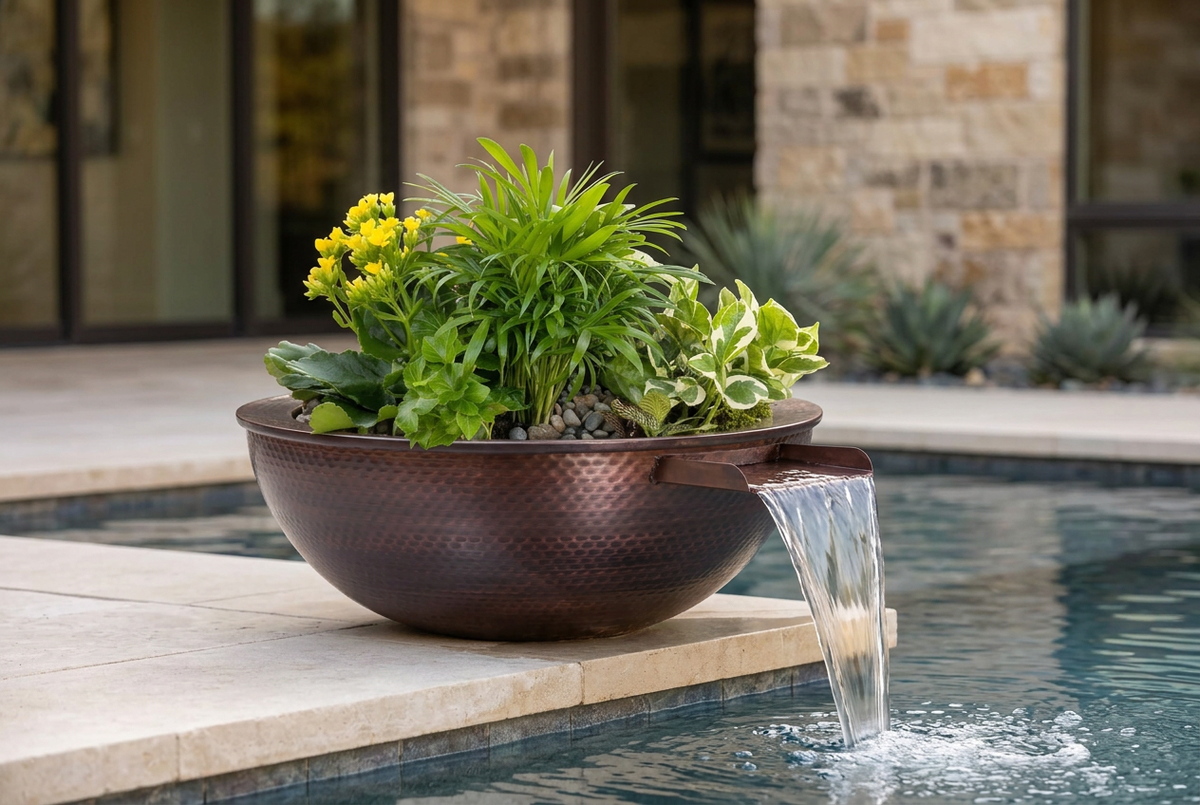 Sedona Hammered Patina Copper Planter & Water Bowl in a poolside setting