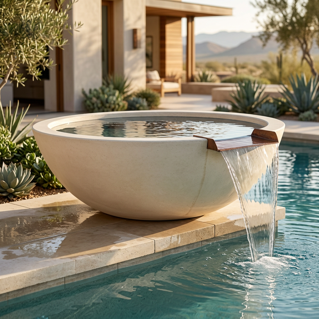 Sedona limestone-finish water bowl in a poolside lifestyle setting