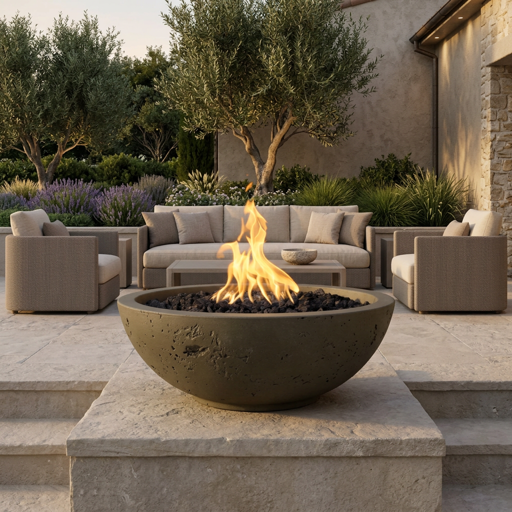 Sedona Rustic Moss Stone fire bowl on an elegant outdoor terrace