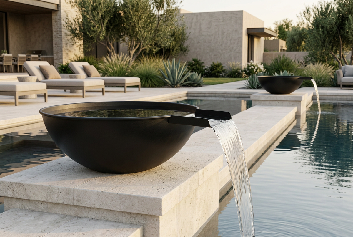 Sedona water bowls spilling into a pool from limestone pool-edge pedestals