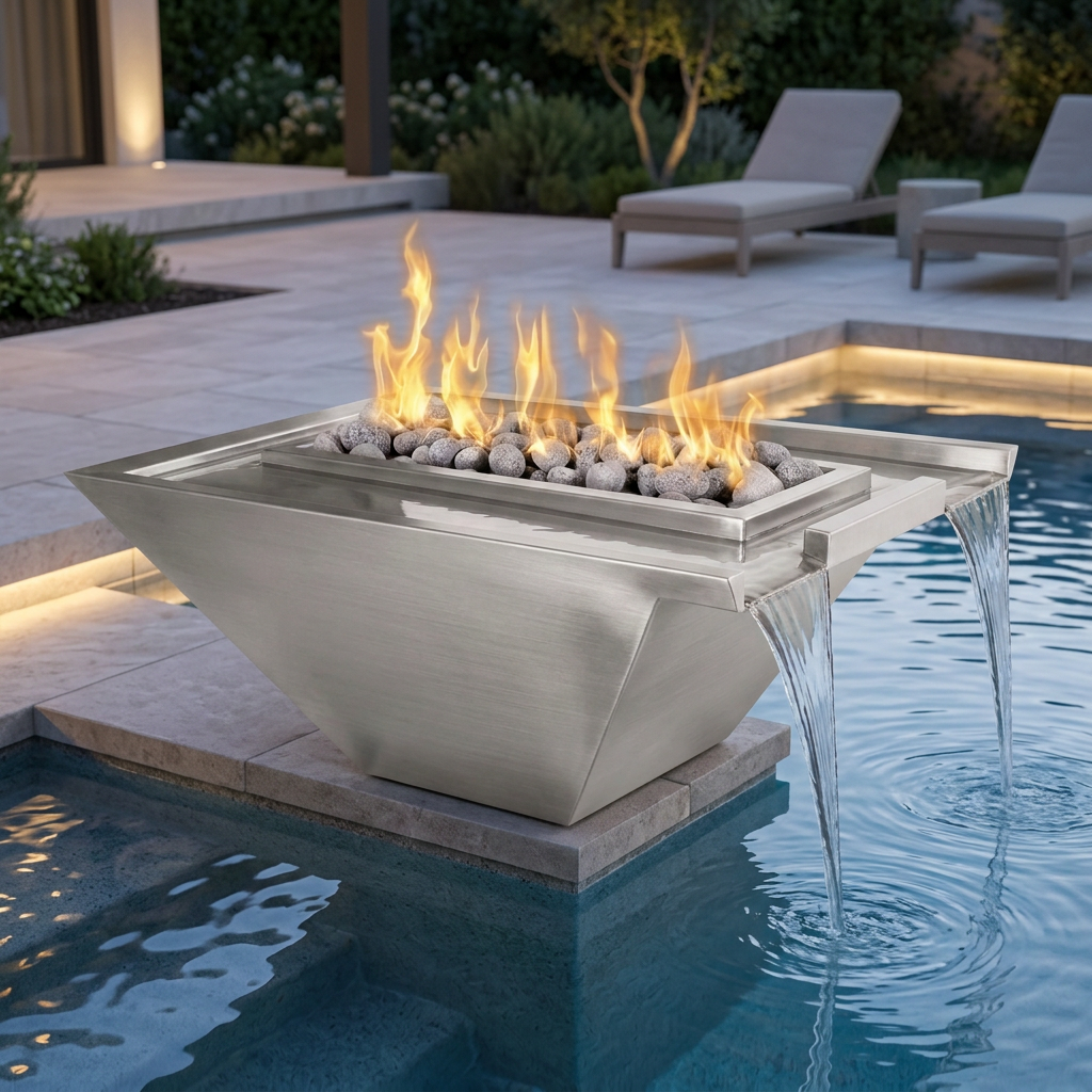 Stainless steel Nile Fire & Water Bowl beside a pool at dusk