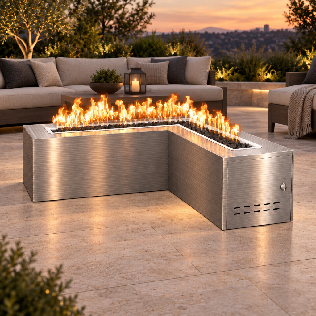 Stainless steel Whitney fire pit in an outdoor patio setting