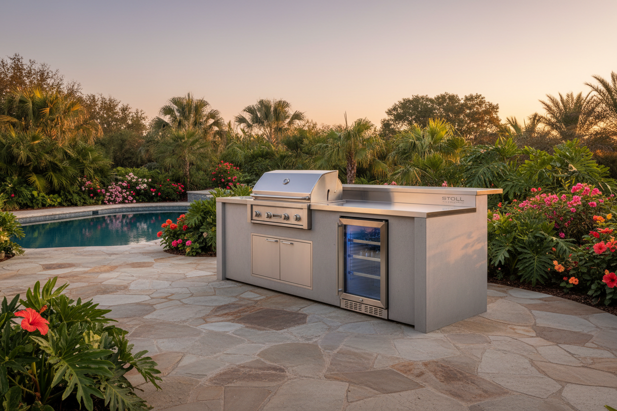 A stainless steel outdoor kitchen island with a built-in gas grill, cooktop, and a small glass-door refrigerator, set on a stone patio beside a swimming pool with tropical plants and palm trees at sunset.