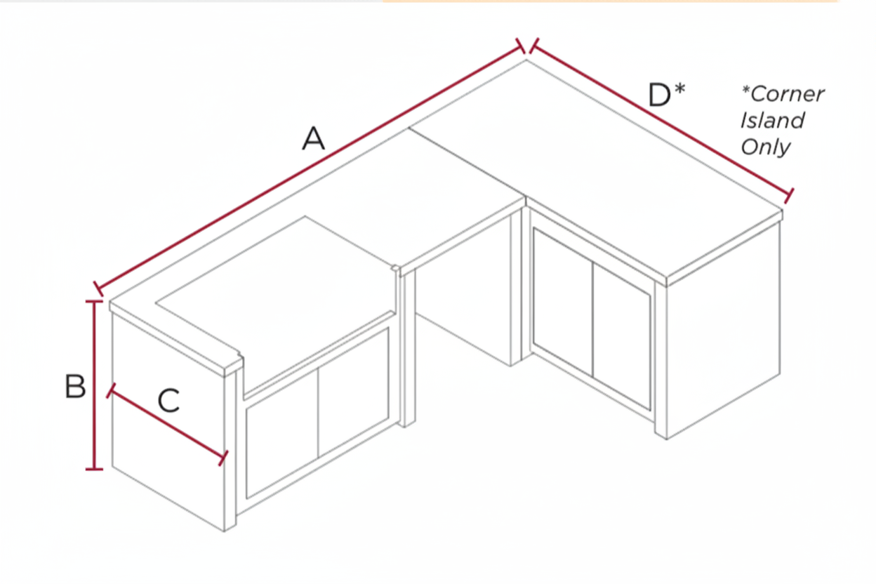 A line drawing of an L-shaped kitchen cabinet island with dimension labels A, B, C, and D*, including a note that corner island measurements are only for this image.
