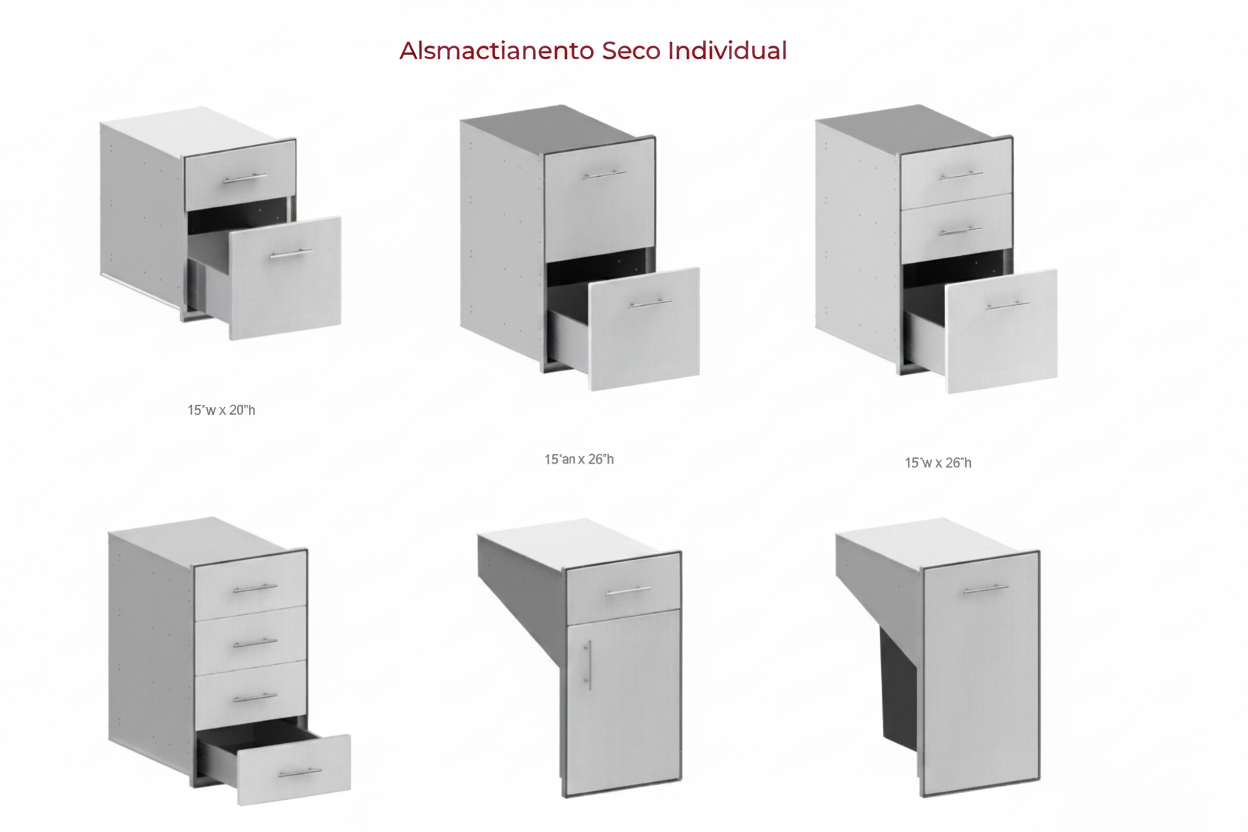 Six views of a white metal dry storage cabinet with drawers, arranged in a grid on a white background with the Spanish text 'Almacenamiento Seco Individual' at the top.