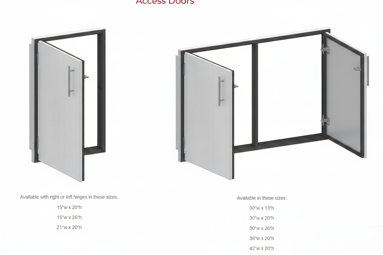 Technical product diagram showing two gray access doors with black frames on a white background, labeled 'Access Doors' at the top and size information printed below each unit.