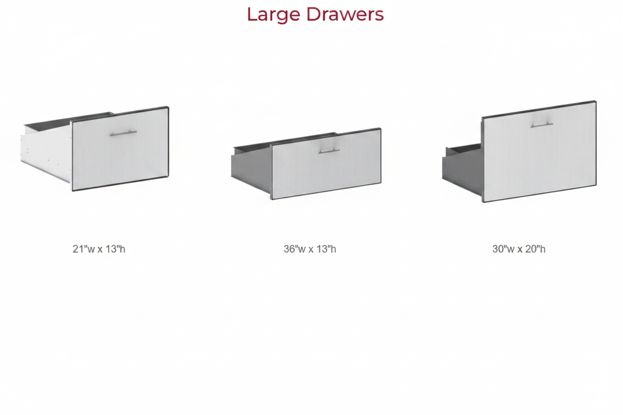 Three large drawer cabinet options labeled 21" w x 13"h, 36" w x 13"h, and 30" w x 20"h shown on a white background under the heading 'Large Drawers'.