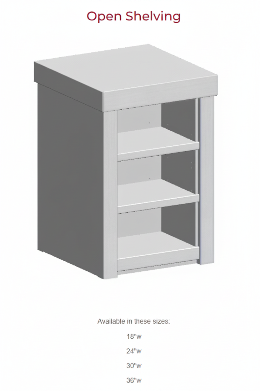 A 3D rendering of a light gray open shelving unit with three shelves, shown on a white background with the text 'Open Shelving' at the top and size options listed below.
